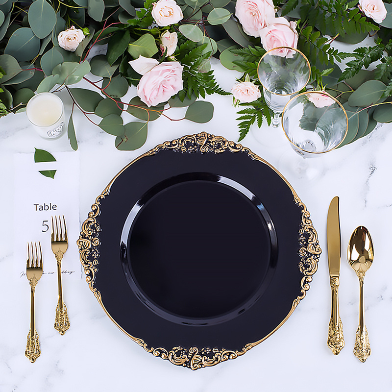 Luxury Decorative Round Plastic Black White Silver Gold Rim Charger Plates For Wedding Reception Dinner Set Decoration