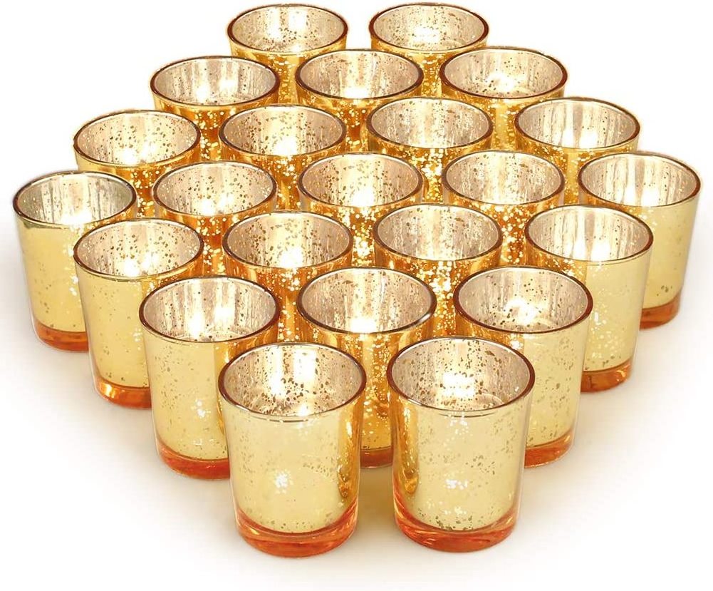 24Pcs Gold Votive Candle Holders for Table Mercury Glass Tea Lights Candle Holders Set for Wedding