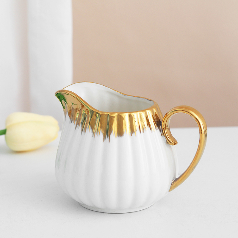 Luxury Royal Gold Rim Porcelain Cup and Saucer Milk Sugar Pot Kettle Golden Plated 15pcs Coffee & Tea Set for Wedding