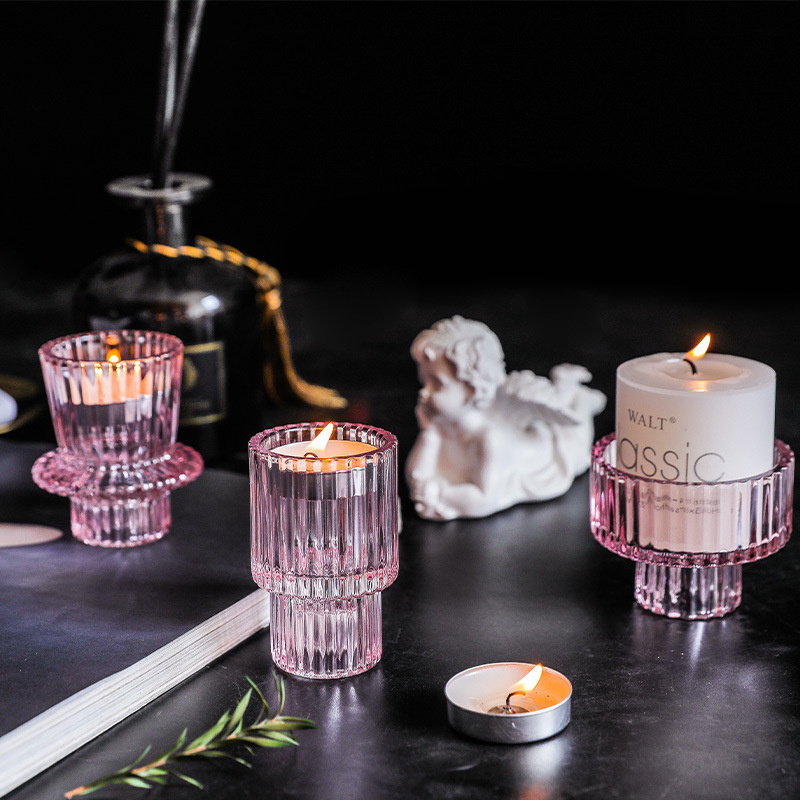 3PCS Glass ribbed candlestick holder empty candle jars 2-in-1 tea light taper candle holders for home dinner/wedding decoration