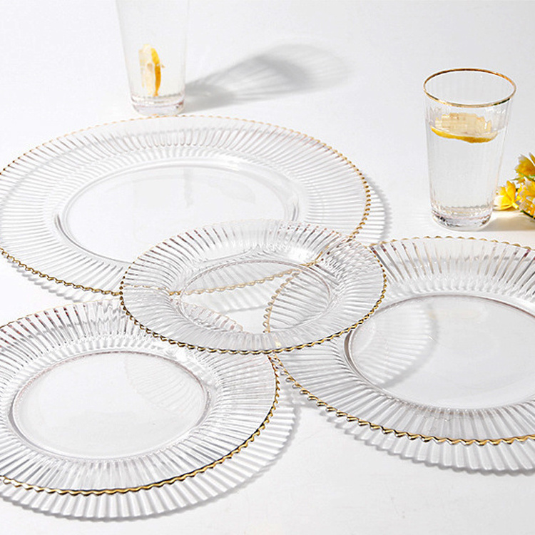 Clear Glass Dinner Plates Gold Rim Steak Cake Dessert Charger Plate Table Buffet Dishes Table Service Plates for Wedding Party