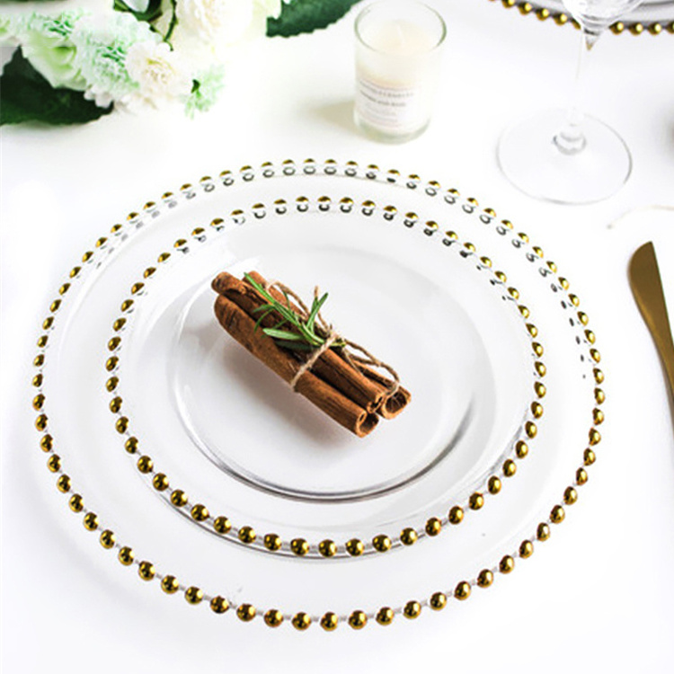 8/10/13 Inch Gold Beaded Charger Plates Clear Round Glass Dessert Dishes Under Dinner Plates Sets for Wedding Party Decor