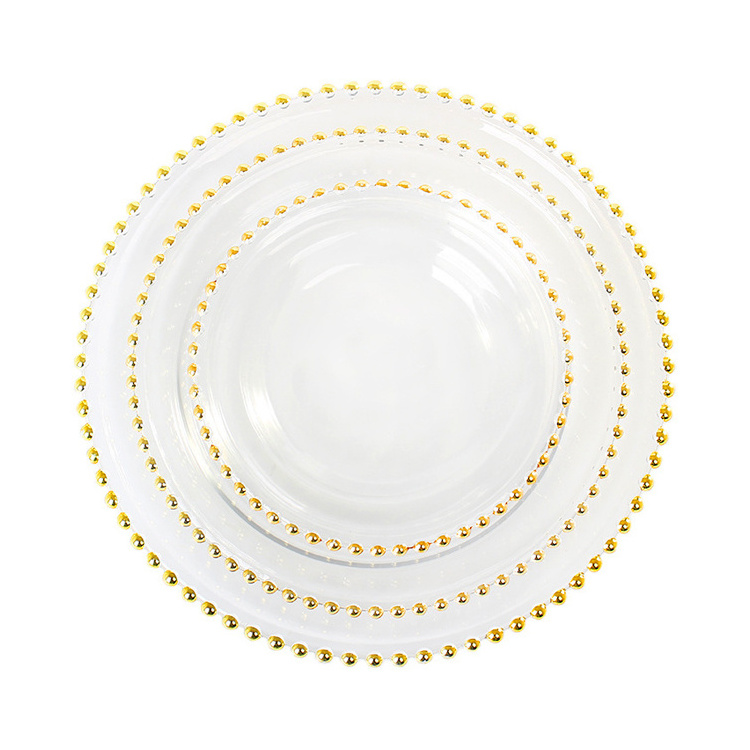 8/10/13 Inch Gold Beaded Charger Plates Clear Round Glass Dessert Dishes Under Dinner Plates Sets for Wedding Party Decor