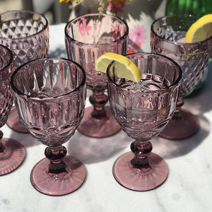 Wine Goblets Set of 6 Blue 10 oz for Party Diamond Vintage Pattern Embossed Goblet Glasses Colorful Water Goblets