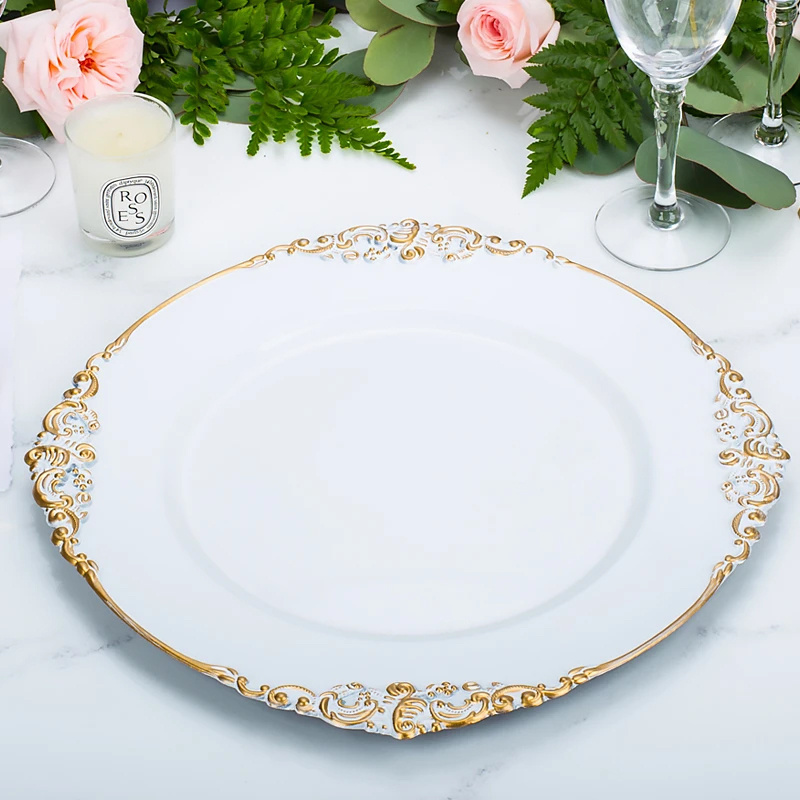 Luxury Decorative Round Plastic Black White Silver Gold Rim Charger Plates For Wedding Reception Dinner Set Decoration