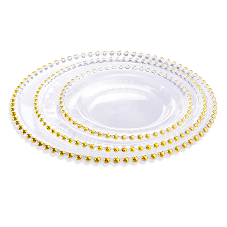 8/10/13 Inch Gold Beaded Charger Plates Clear Round Glass Dessert Dishes Under Dinner Plates Sets for Wedding Party Decor