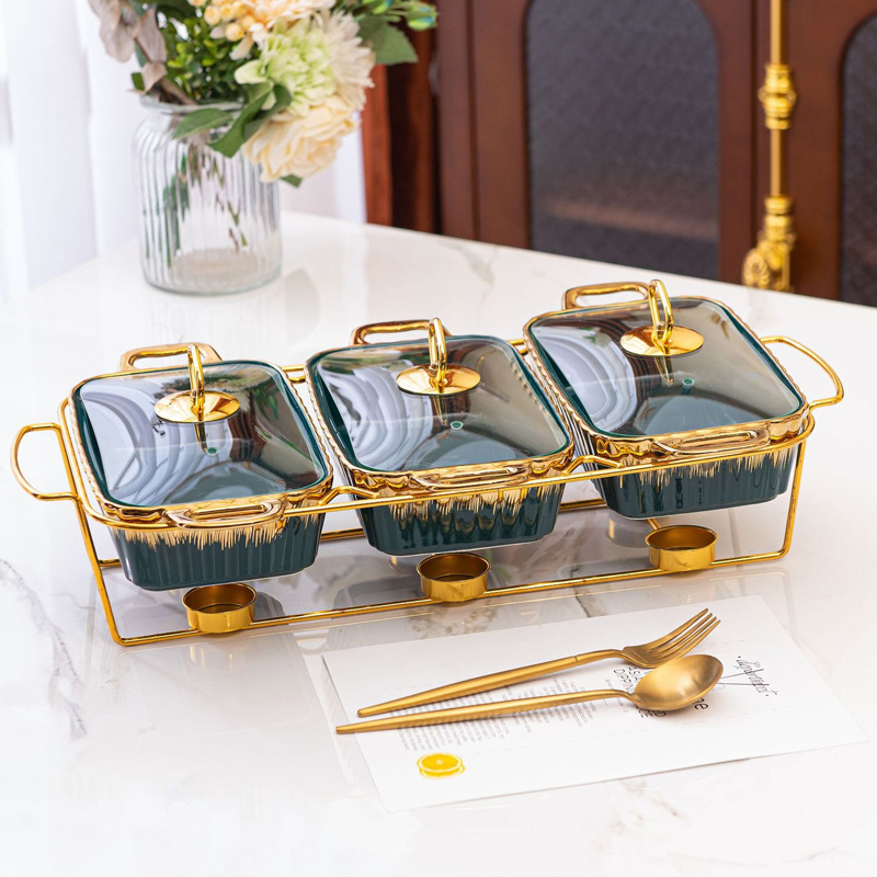 European Luxury Set of 3 pcs Ceramic Dry Pot Food Warmer Set Chafing Dish Cookware Sets Wedding Hotel Equipment with Lid