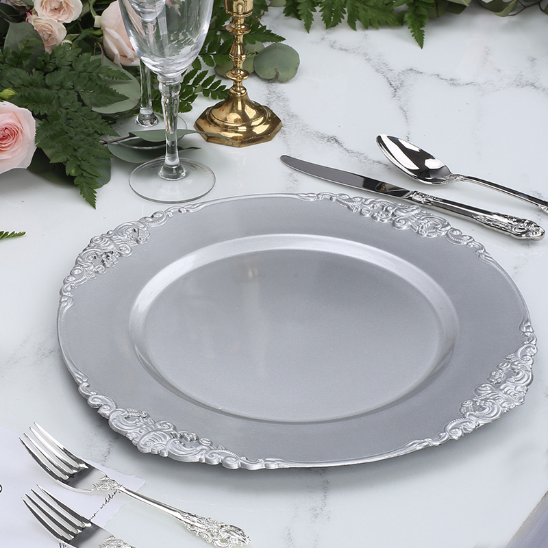 Luxury Decorative Round Plastic Black White Silver Gold Rim Charger Plates For Wedding Reception Dinner Set Decoration