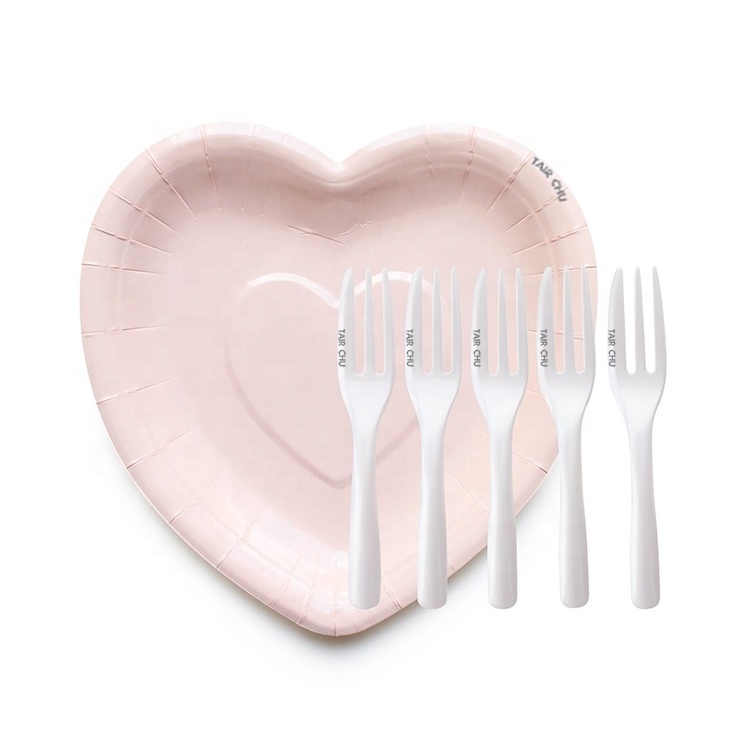 Pink Heart Shape Cake Paper Plate with 10cm Mini Plastic Fork Wedding Favors Party Plate