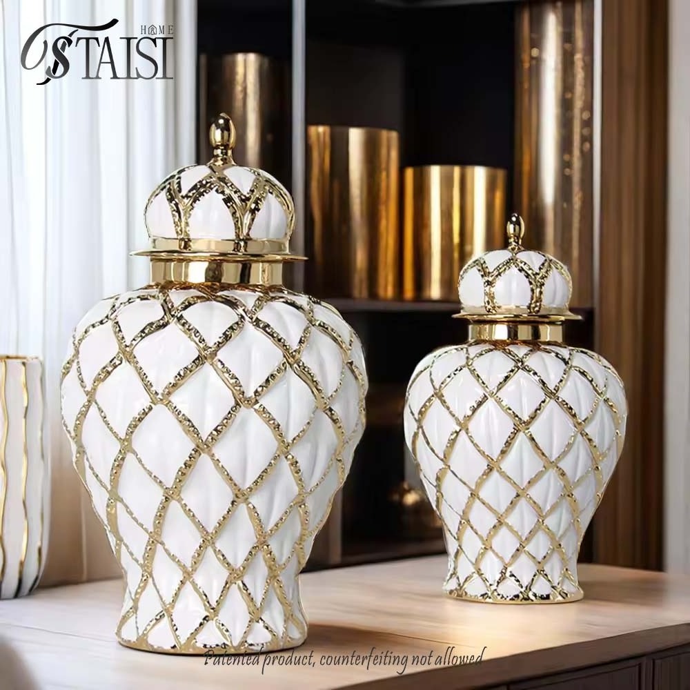 J286GA White and gold cross line ceramic vase gild luxury tabletop decoration textured ginger jar for home decor