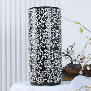 S076 black flowers baseball bat holder Umbrella Stand Ceramic 18 inch for entryway 23.8 inch floor vases decor scroll holder