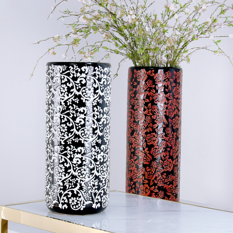 S076 black flowers baseball bat holder Umbrella Stand Ceramic 18 inch for entryway 23.8 inch floor vases decor scroll holder