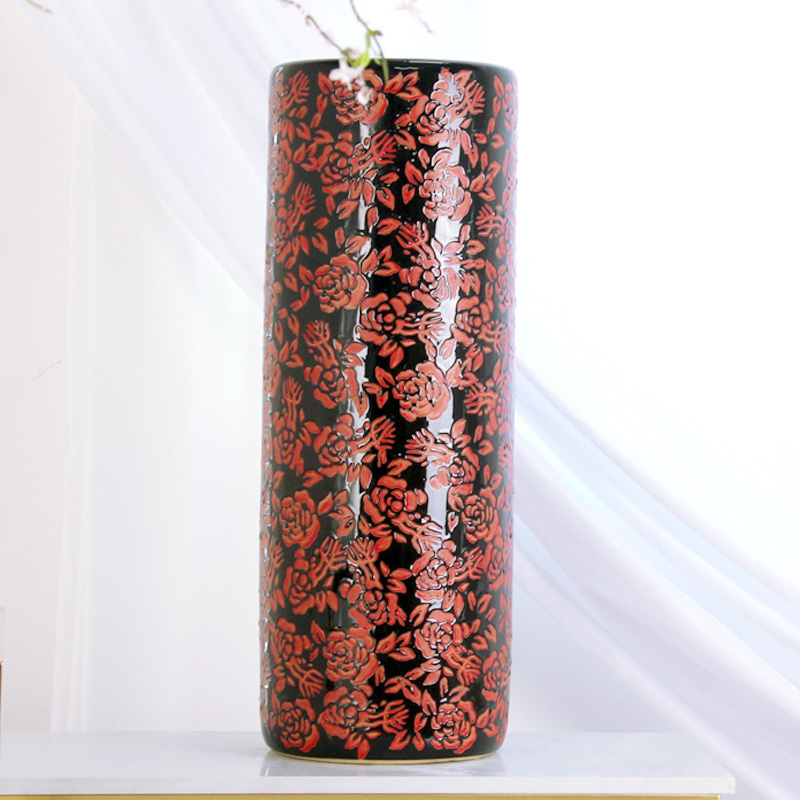 S075 Red flowers Umbrella Stand Ceramic 18 inch walking stick holder 23.8 inch Golf club holder painting scroll holder