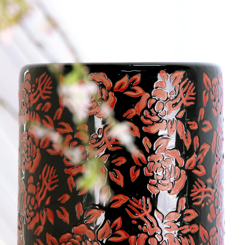 S075 Red flowers Umbrella Stand Ceramic 18 inch walking stick holder 23.8 inch Golf club holder painting scroll holder