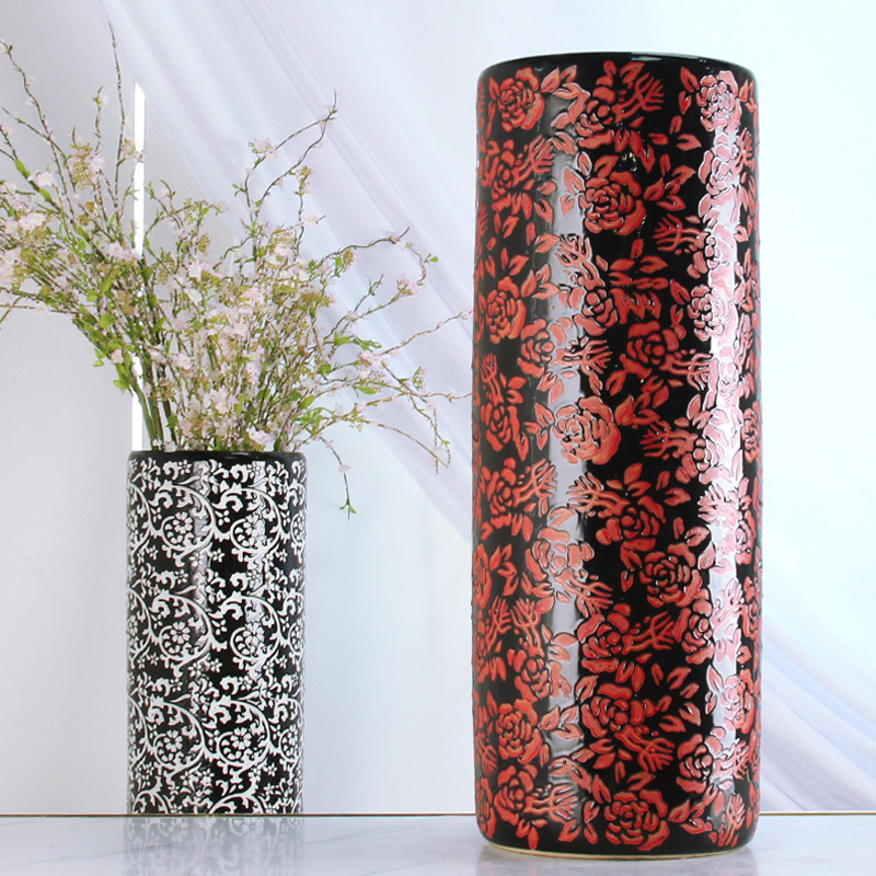 S075 Red flowers Umbrella Stand Ceramic 18 inch walking stick holder 23.8 inch Golf club holder painting scroll holder