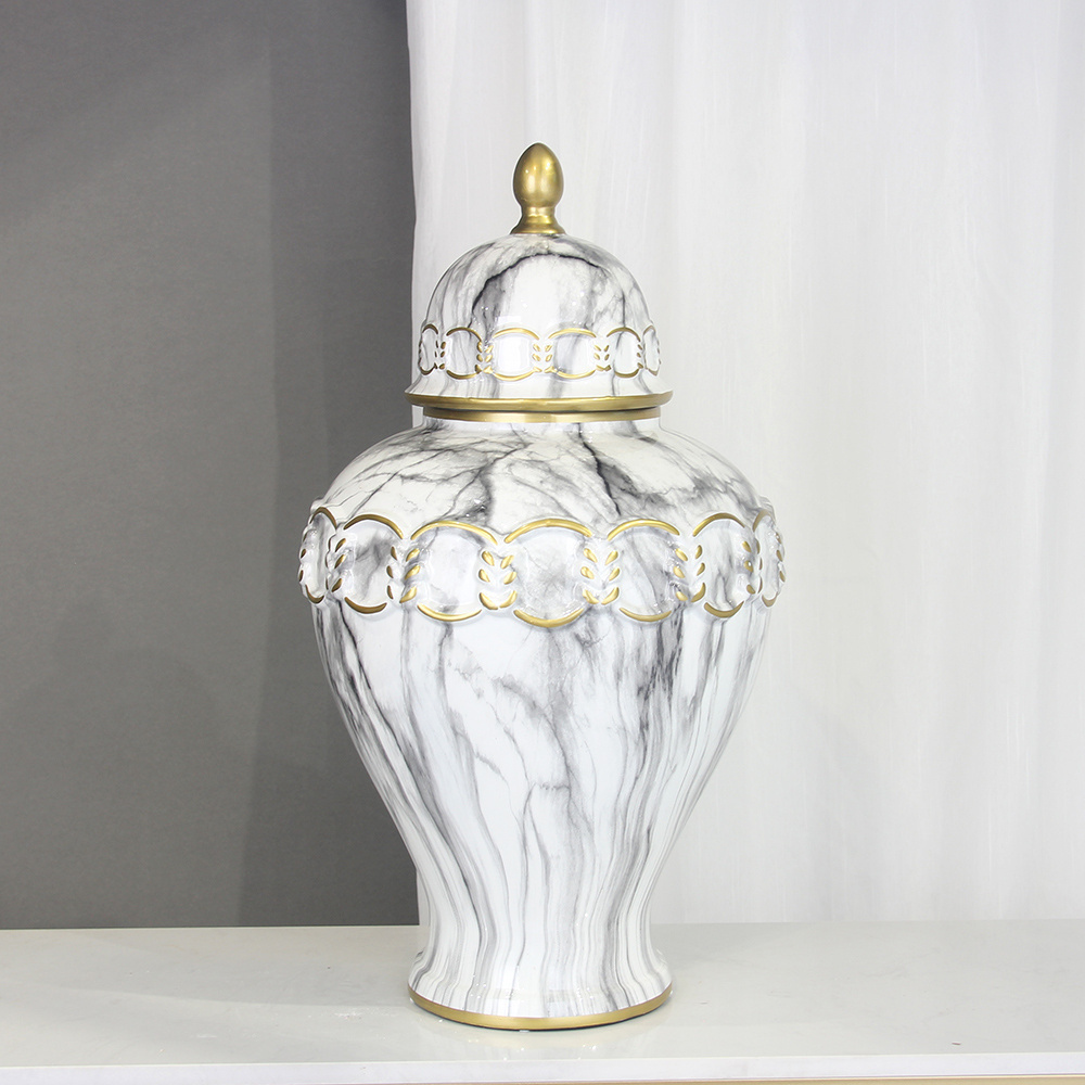 J233 Luxury ceramic marble vase sets wedding decoration white ginger jar with gold ring design table decor for home