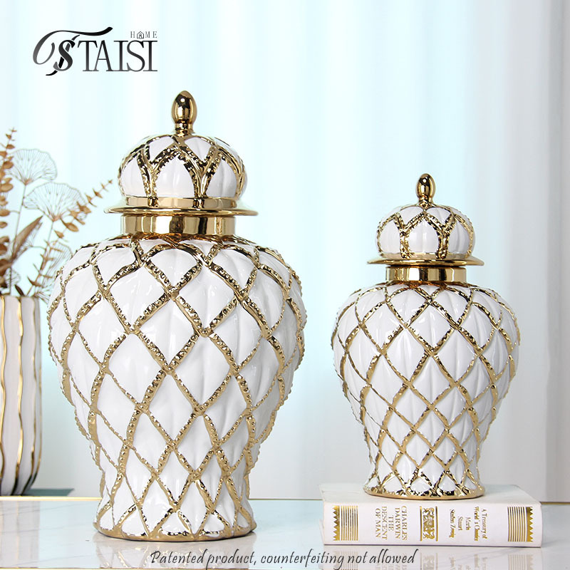 J286GA White and gold cross line ceramic vase gild luxury tabletop decoration textured ginger jar for home decor