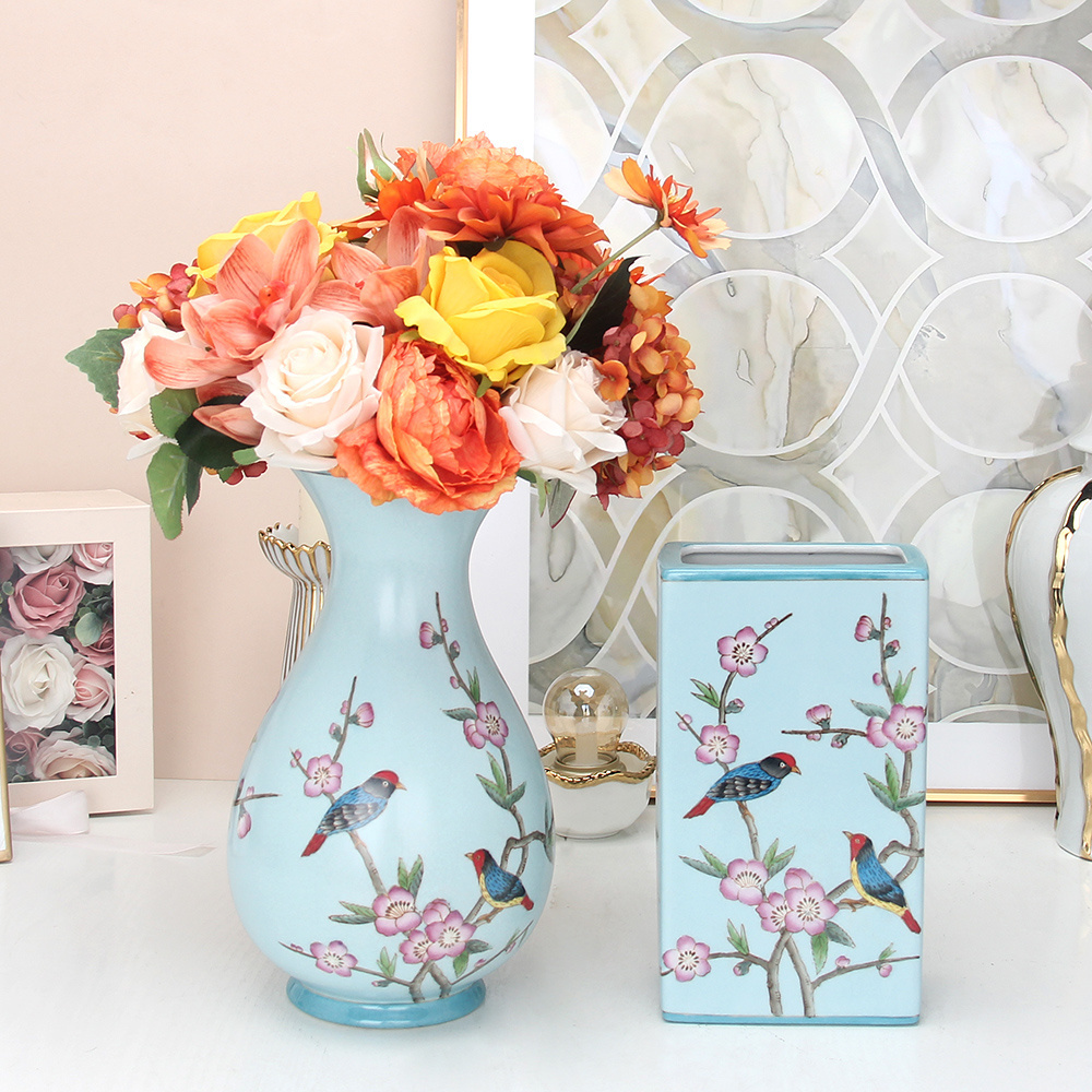 V094 Chinese porcelain vase bird painting teal vase antique ceramics flower vase for home decor