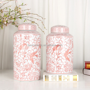 J261 High quality chinoiserie red flower bird jar vase home decor ceramic cylinder jars with lids