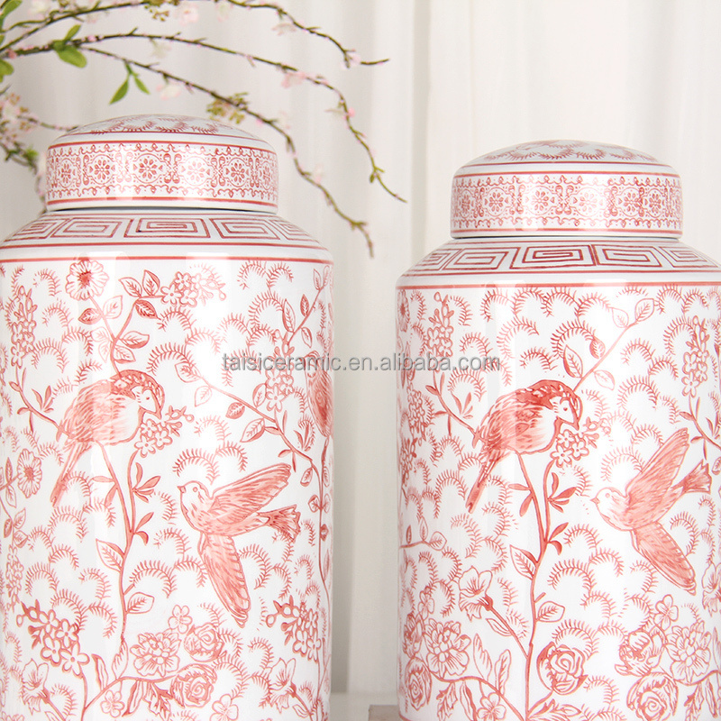 J261 High quality chinoiserie red flower bird jar vase home decor ceramic cylinder jars with lids