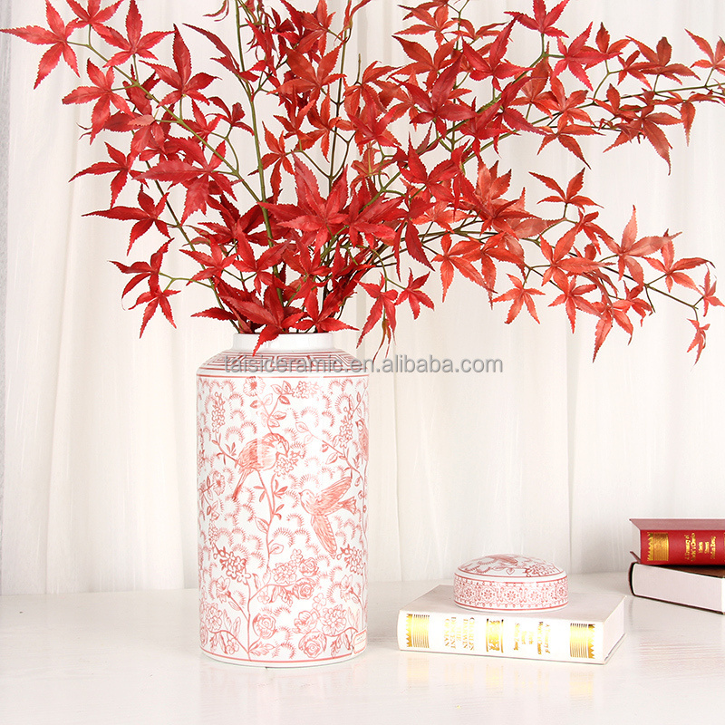 J261 High quality chinoiserie red flower bird jar vase home decor ceramic cylinder jars with lids