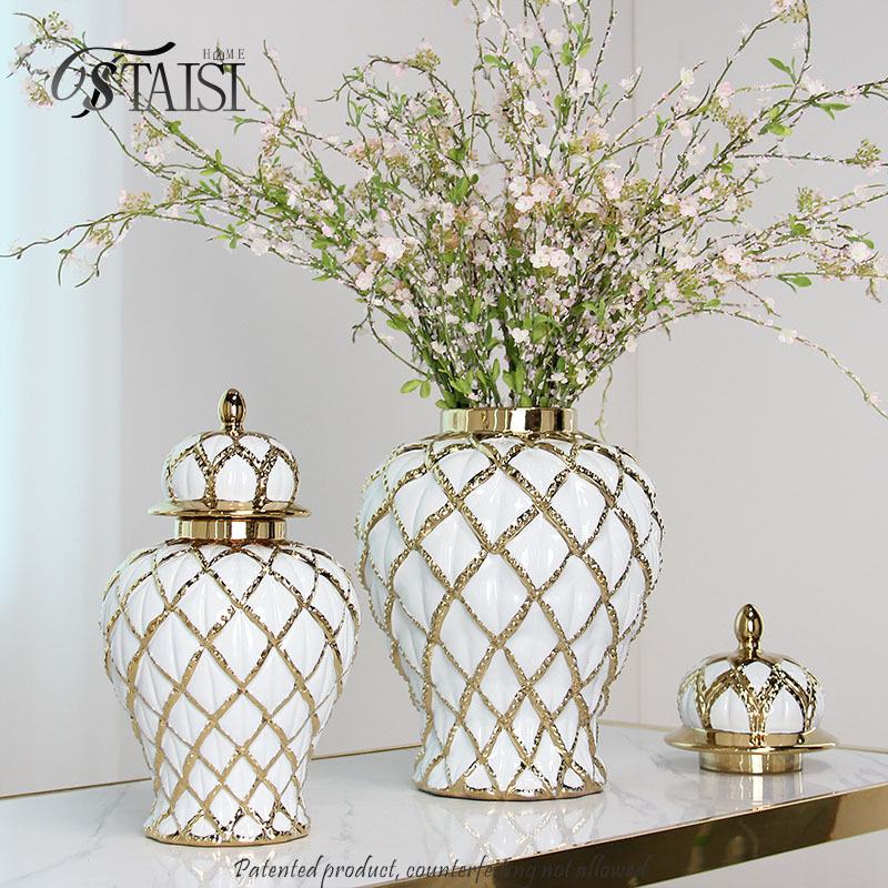 J286GA White and gold cross line ceramic vase gild luxury tabletop decoration textured ginger jar for home decor