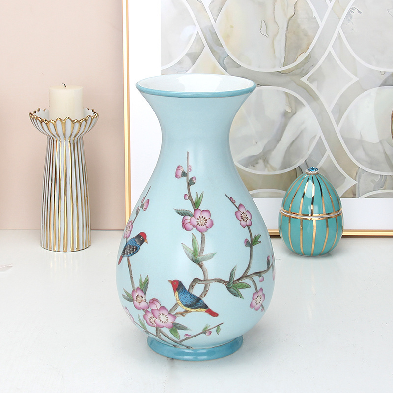 V094 Chinese porcelain vase bird painting teal vase antique ceramics flower vase for home decor