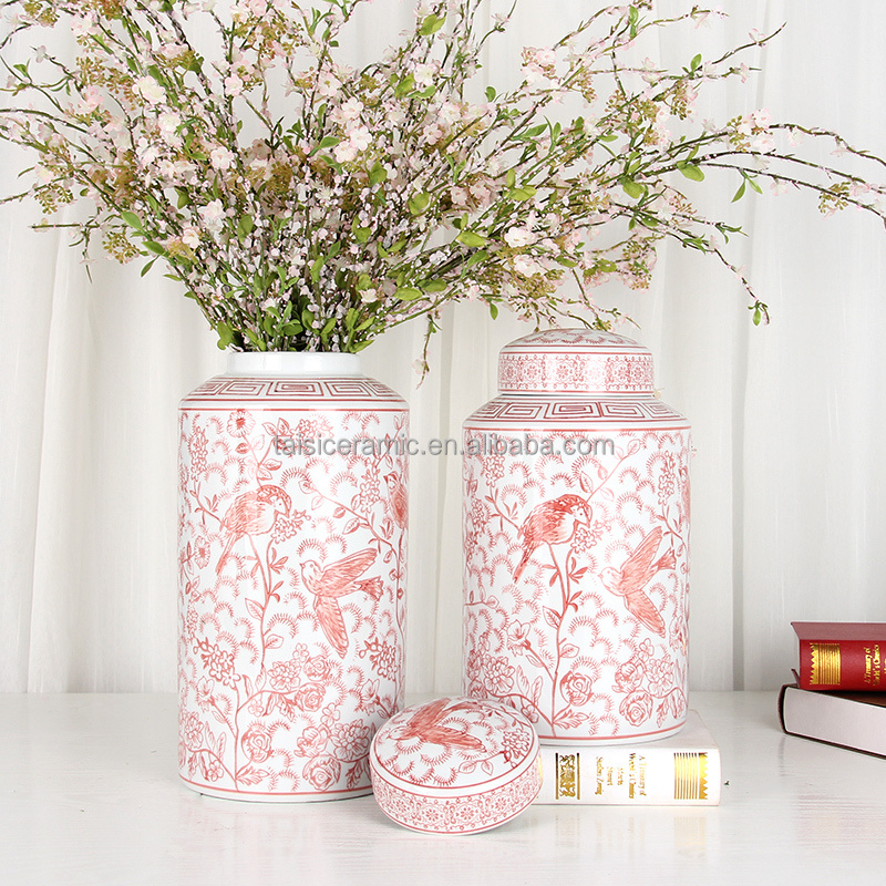 J261 High quality chinoiserie red flower bird jar vase home decor ceramic cylinder jars with lids