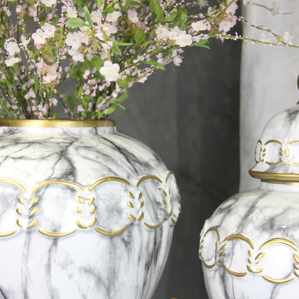 J233 Luxury ceramic marble vase sets wedding decoration white ginger jar with gold ring design table decor for home