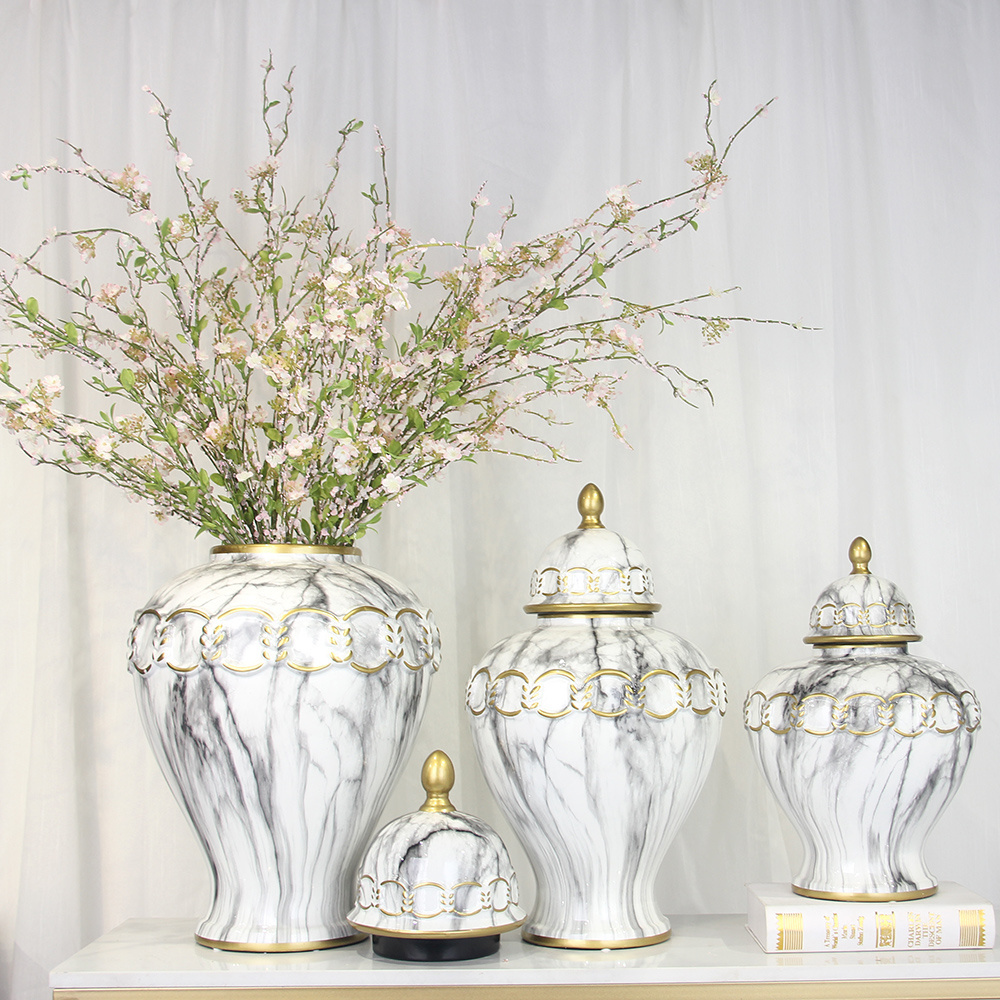 J233 Luxury ceramic marble vase sets wedding decoration white ginger jar with gold ring design table decor for home