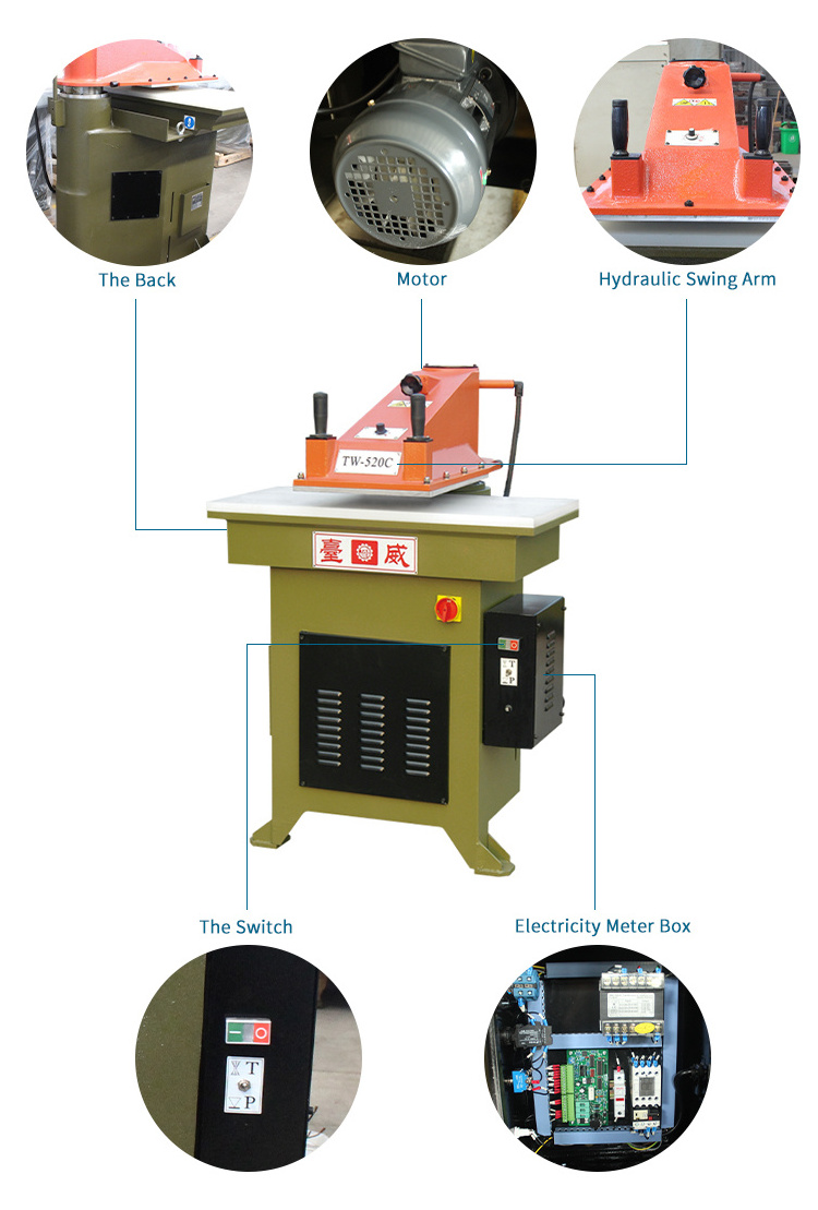 TW-528C small leather cutting machine/hydraulic swing arm cloth/fabric clicker press die cutting machine