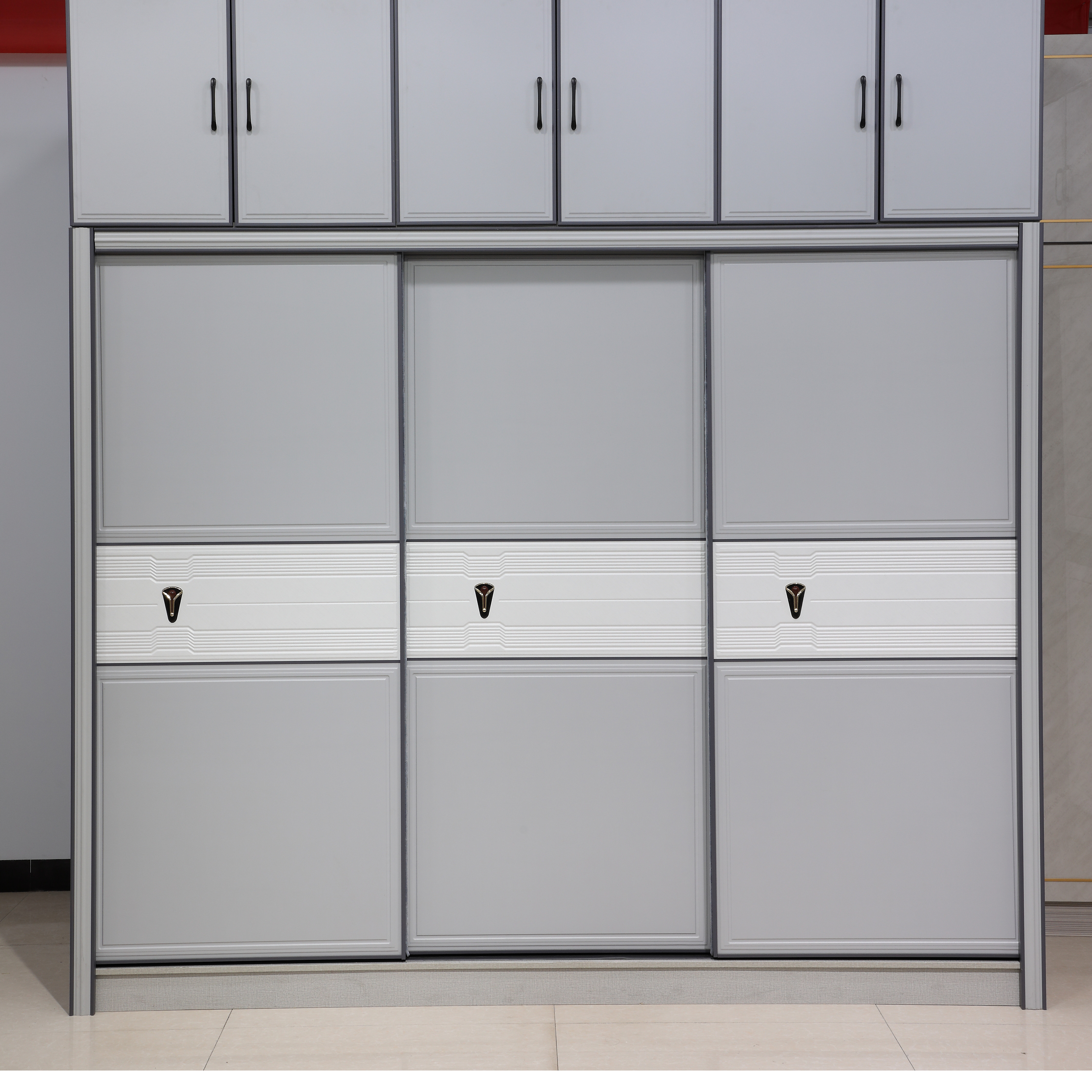 3 Sliding Door Custom Student Wardrobe Closet With Swivel Corner Cabinet And Head Cabinet For Storing Clothes