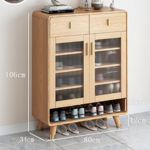 Nordic small family shoe cabinet solid wood family doorway contracted modern large capacity original wood color glass foyer cabi