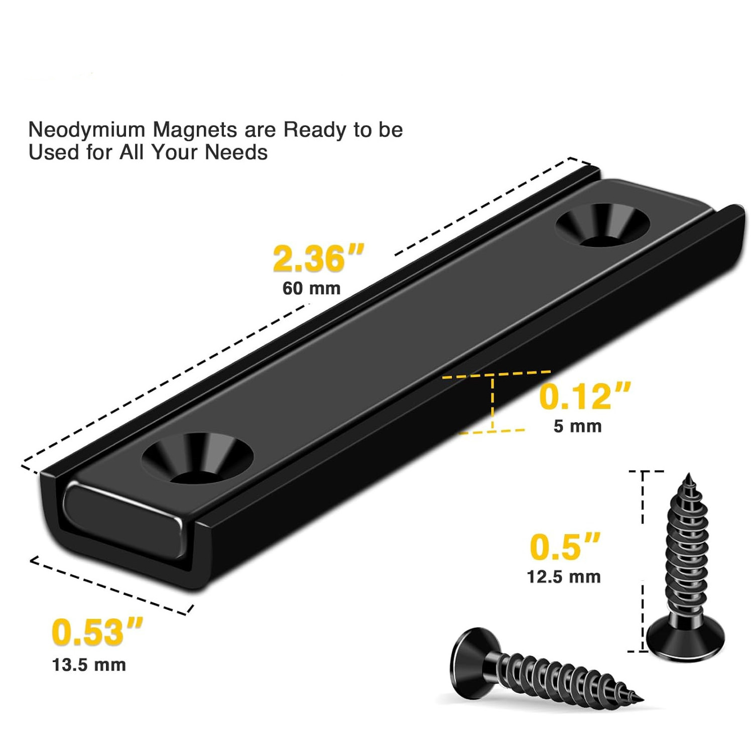 60x13.5x5mm Black Epoxy Coating Strong Neodymium Rectangular Pot Channel Magnets with Counter Bore