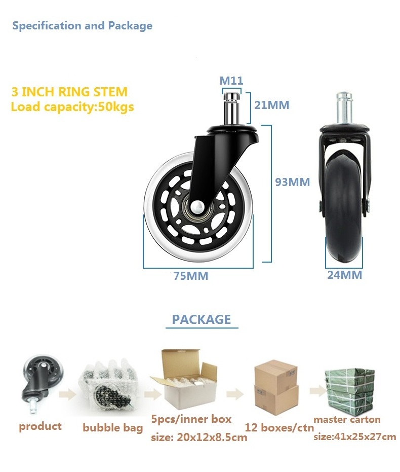 casters wheel manufacturers 3 inch wheel black color Polyurethane Stem Casters wheels for office chair