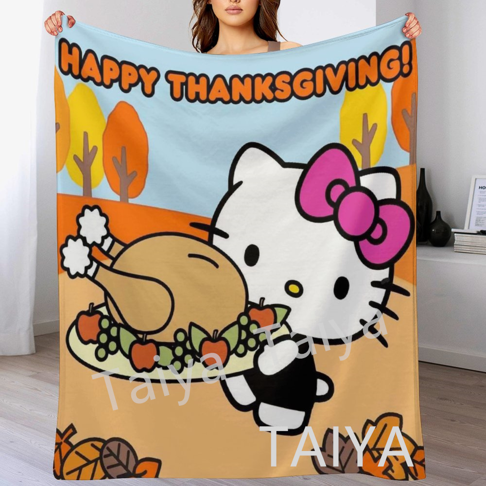 Factory cheap price cartoon KT cat Thanksgiving Turkey printed flannel fleece thin thickened travel home best gift blankets