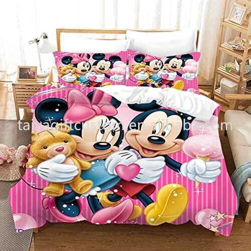 Manufacturers direct sale luxury cartoon ty-Mickey & ty-Minnie Printing three-piece 100% polyester quilt 3d printed bedding set