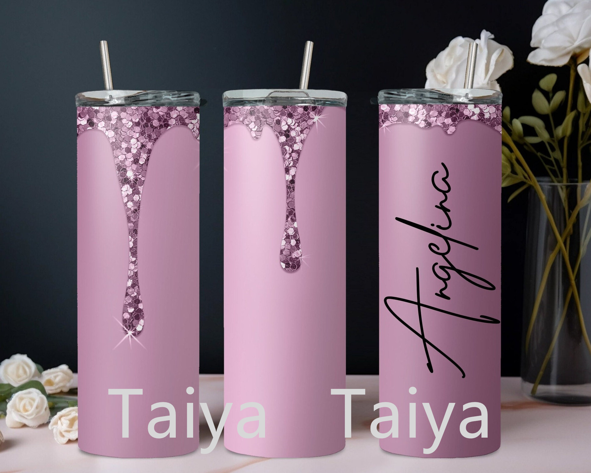 2024 new design Fashion karol g Custom Sublimation 20oz Pink Glitters Travel Tumbler Add Your Own Name 3d Glitters tea Cup