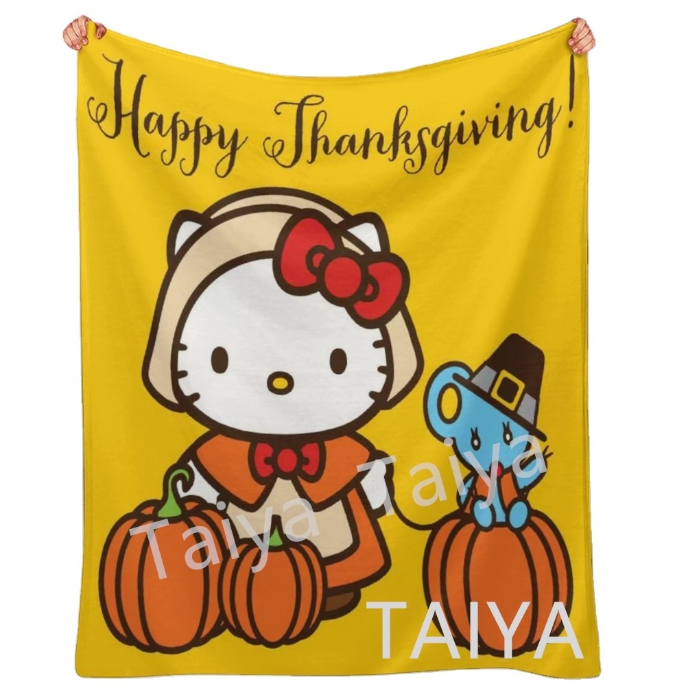 Factory cheap price cartoon KT cat Thanksgiving Turkey printed flannel fleece thin thickened travel home best gift blankets