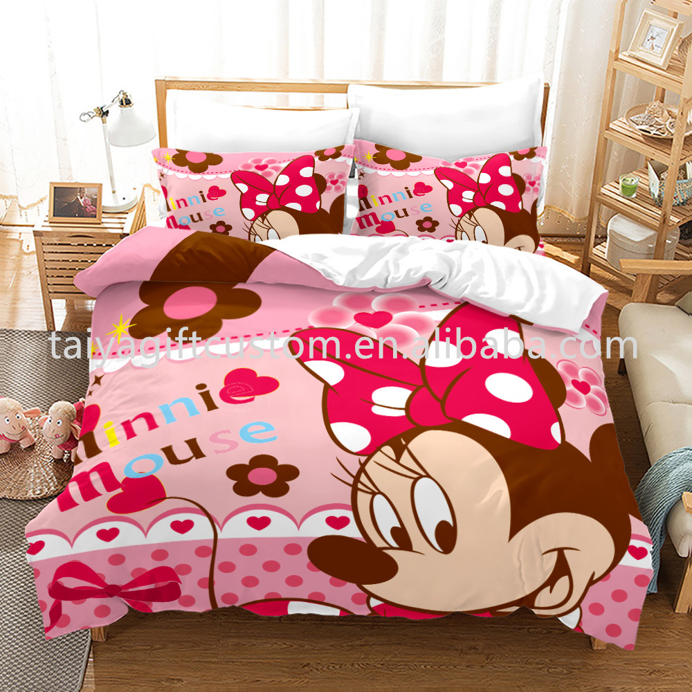 Manufacturers direct sale luxury cartoon ty-Mickey & ty-Minnie Printing three-piece 100% polyester quilt 3d printed bedding set