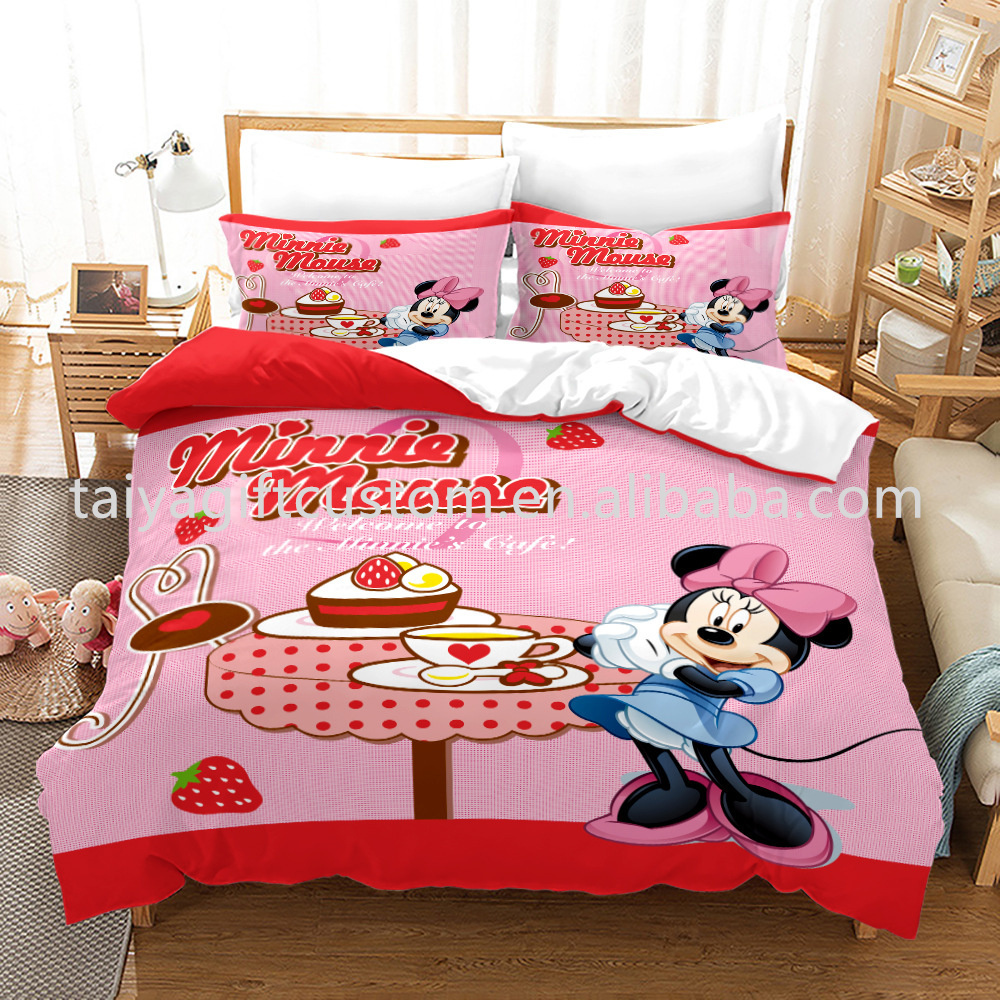 Manufacturers direct sale luxury cartoon ty-Mickey & ty-Minnie Printing three-piece 100% polyester quilt 3d printed bedding set