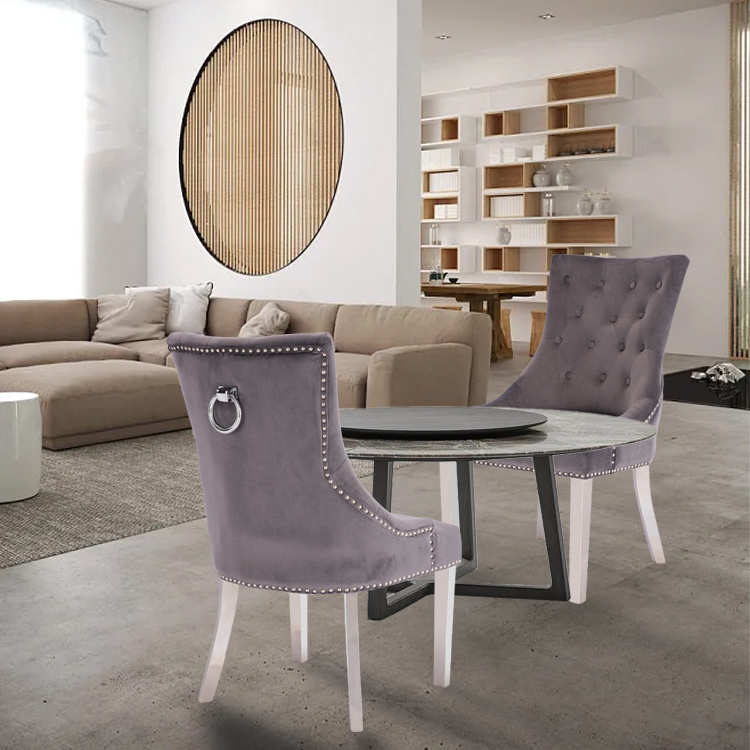 Modern Velvet fabric Various colors available Dining Room Chair stainless steel legs with lion knock