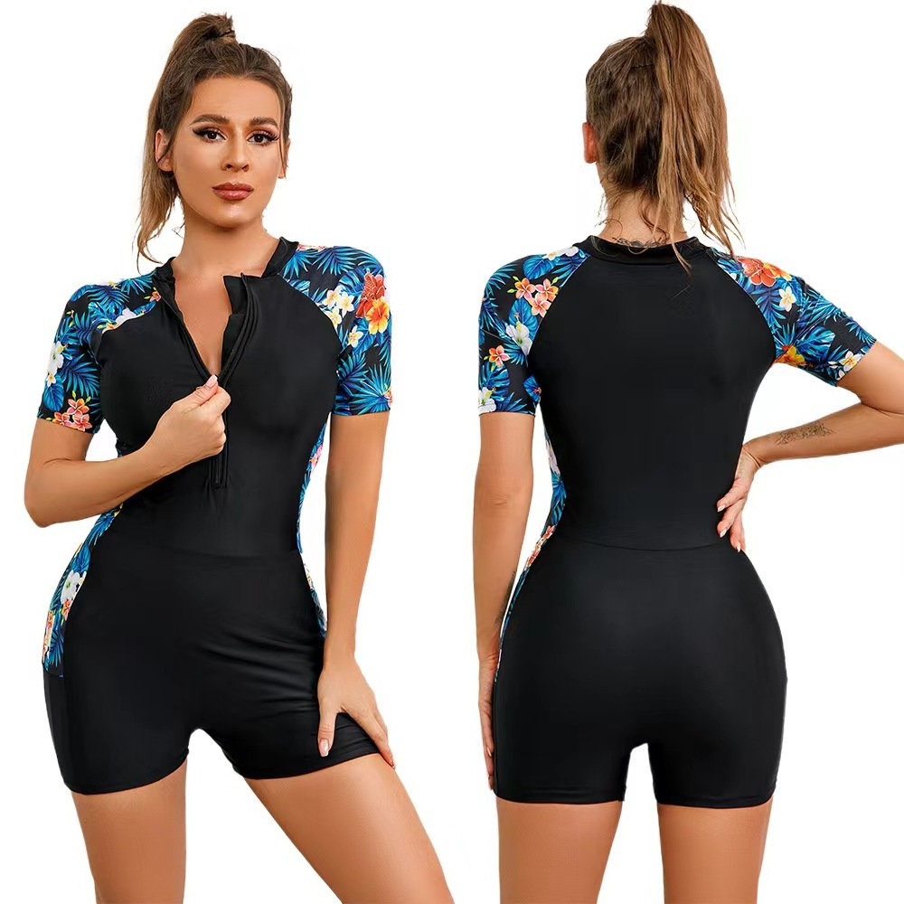 Hot sale one-piece zipper sports swimsuit women's short-sleeved surf swimsuit sunscreen surf suit