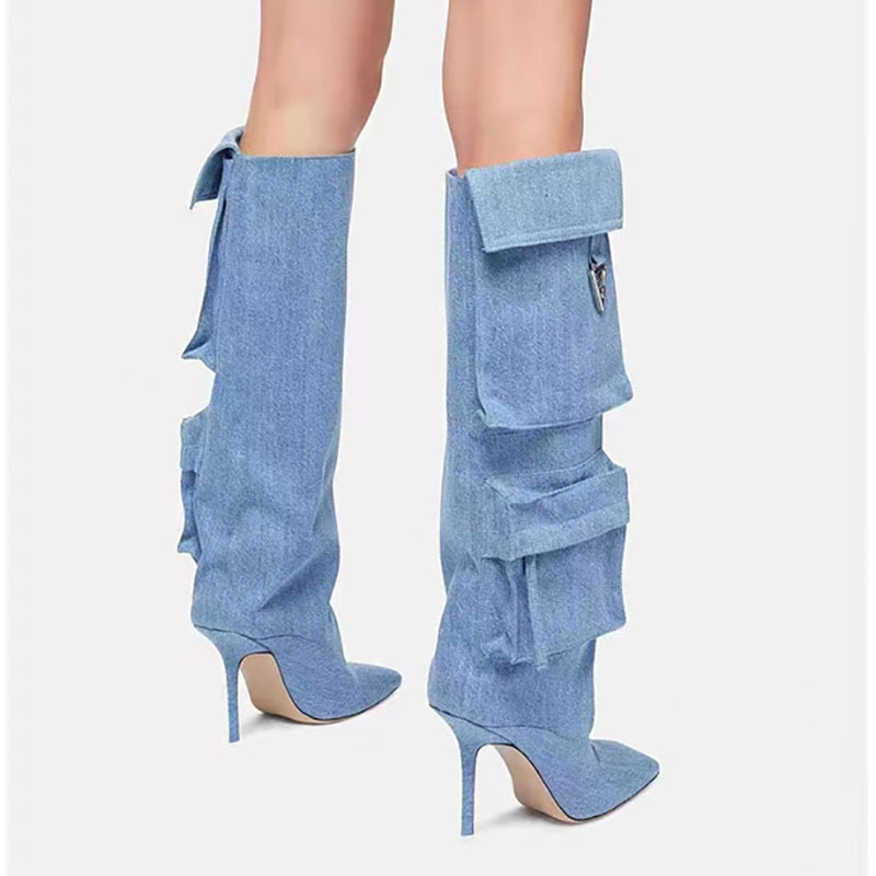 Women's Knee High Thin Heels Pockets Boots Square Toe Slip On Stiletto Wide Fit Long Booties Denim Fabric Shoes