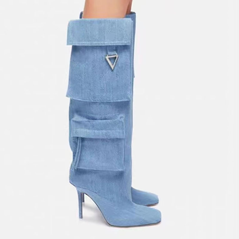 Women's Knee High Thin Heels Pockets Boots Square Toe Slip On Stiletto Wide Fit Long Booties Denim Fabric Shoes