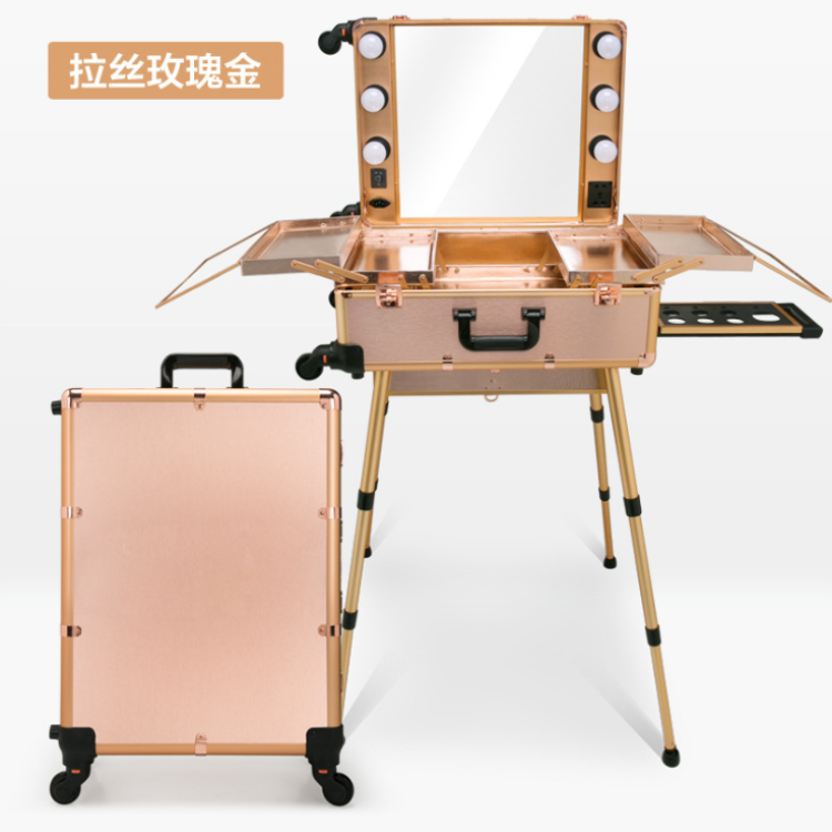 Custom aluminum travel cosmetic suitcase with lights vanity box beauty mirror professional trolley makeup case