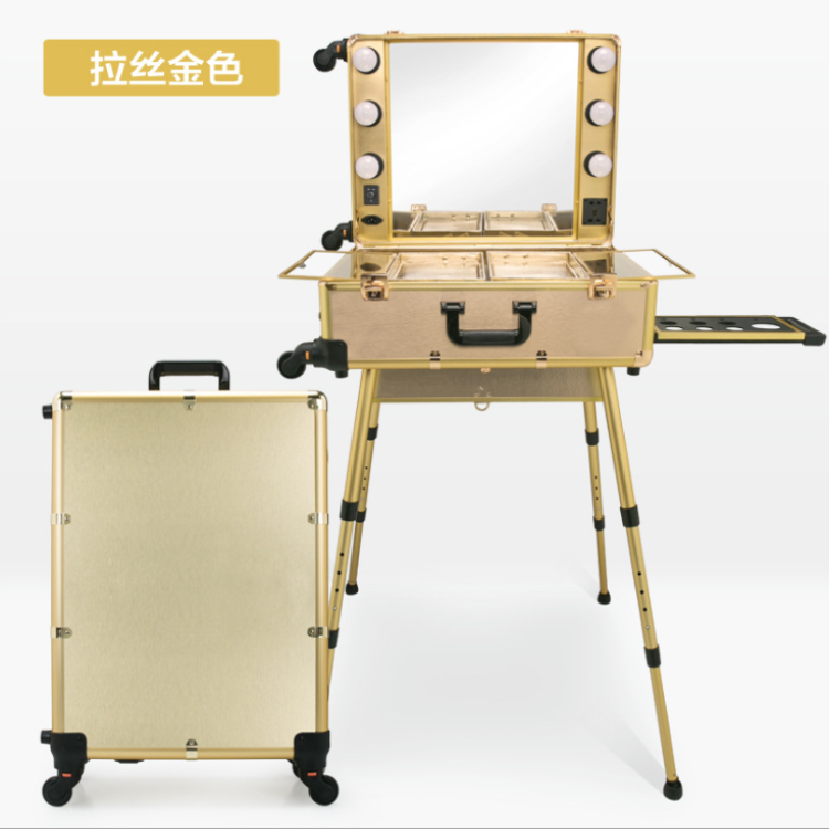 Custom aluminum travel cosmetic suitcase with lights vanity box beauty mirror professional trolley makeup case