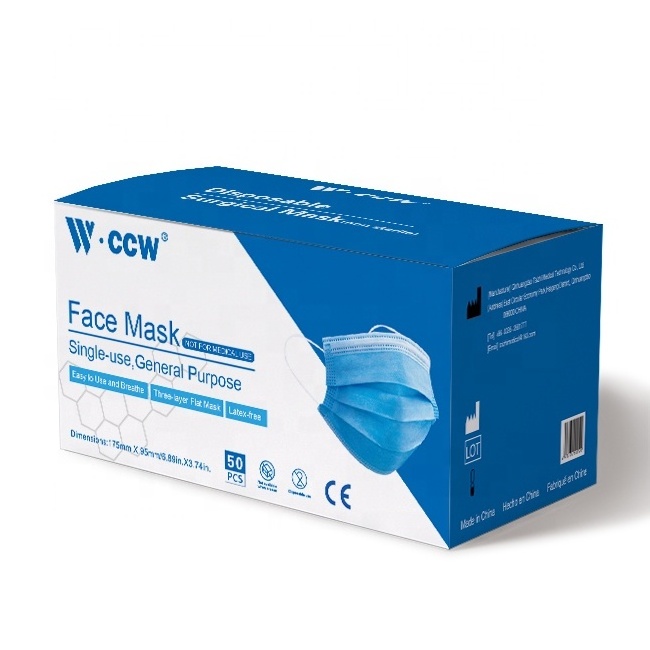 CCW China Factory Custom Service Reliable Quality Earloop Facemask for Medical Use Breathable Disposable 3 Layers Surgical Masks