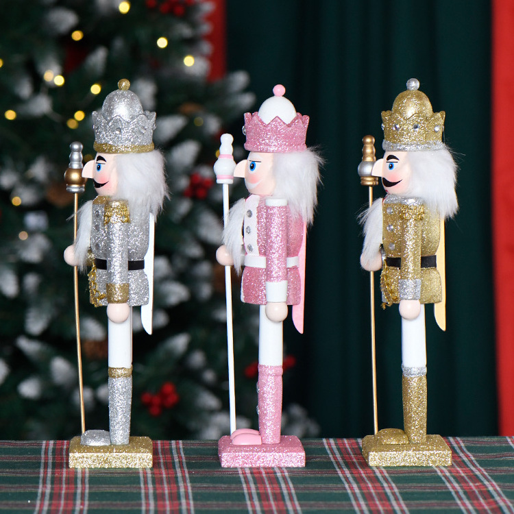 Wholesale Fashion Glitter 30cm Wooden Christmas Craft Pink Nutcracker for Home Decorations