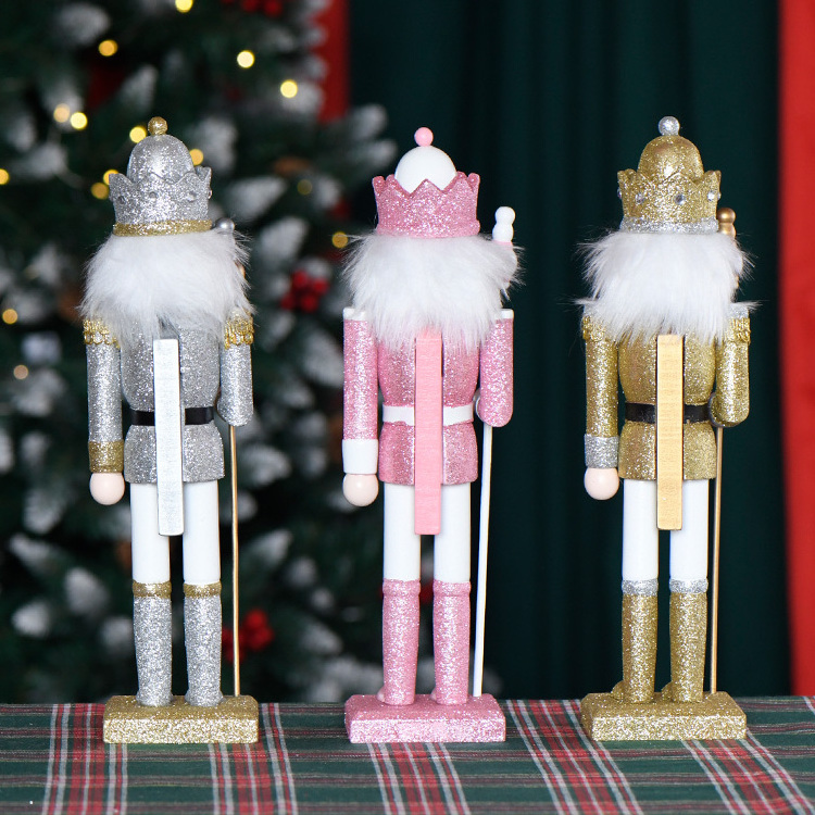 Wholesale Fashion Glitter 30cm Wooden Christmas Craft Pink Nutcracker for Home Decorations